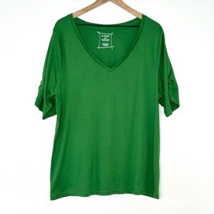 Lane Bryant 100% Pima Cotton T-Shirt Women's 22/24 V-Neck Ruched Sleeve Green